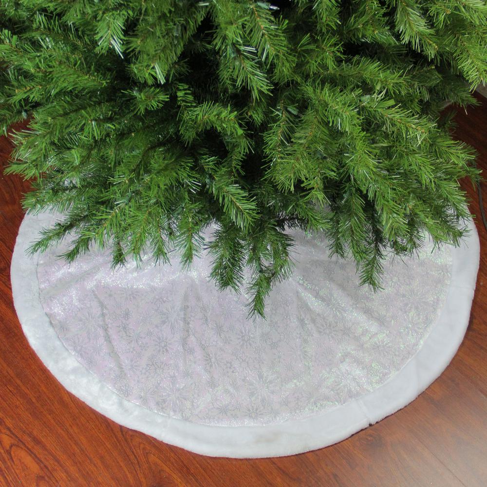 48" White Iridescent Glitter Snowflake Christmas Tree Skirt. Picture 2