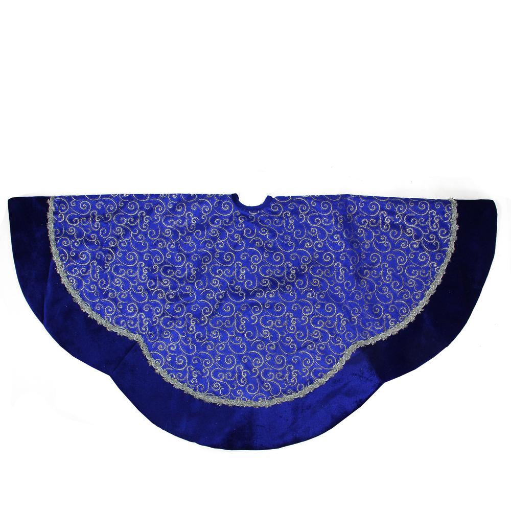 48" Royal Blue and Silver Swirl Christmas Tree Skirt with Scalloped Trim. Picture 1