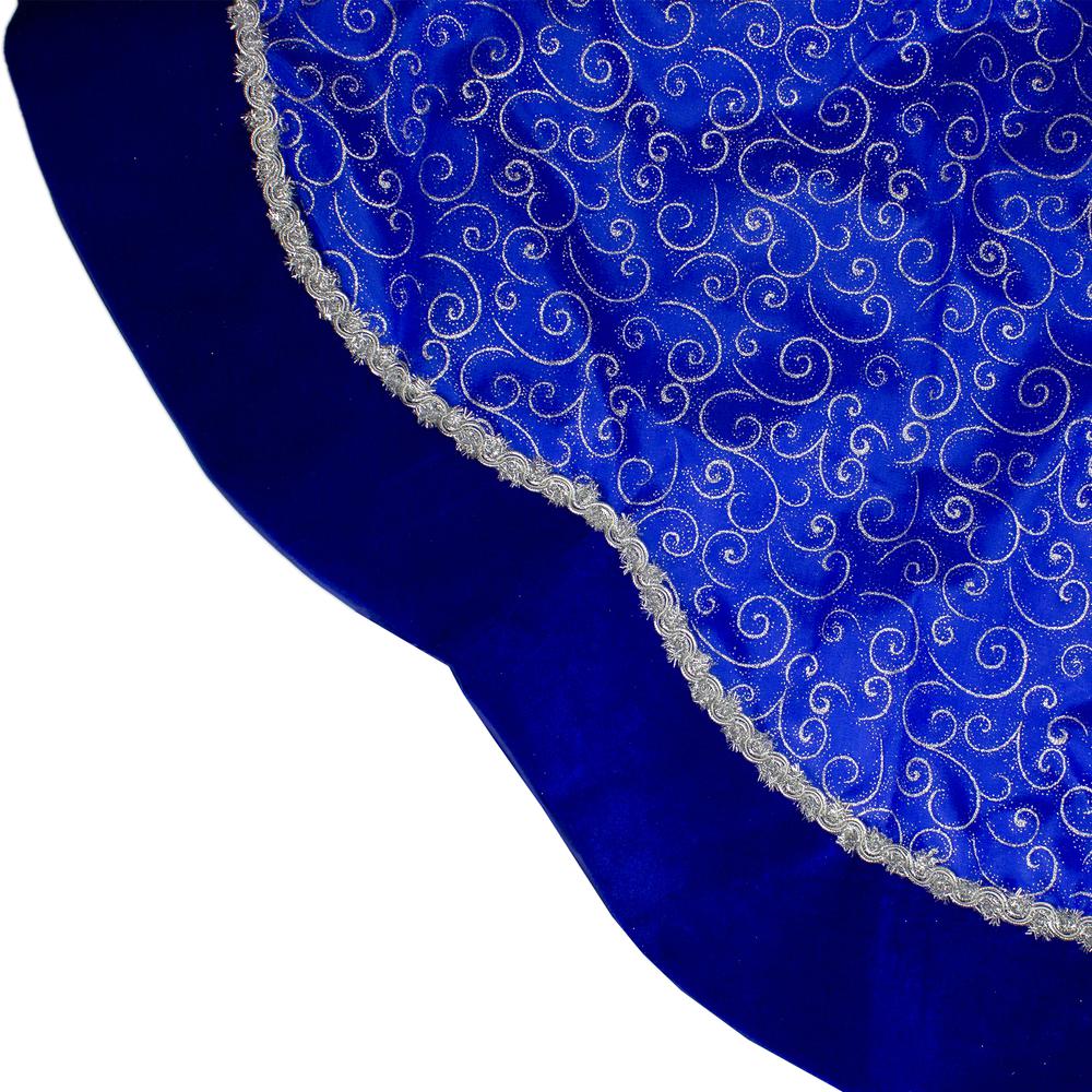48" Royal Blue and Silver Swirl Christmas Tree Skirt with Scalloped Trim. Picture 3