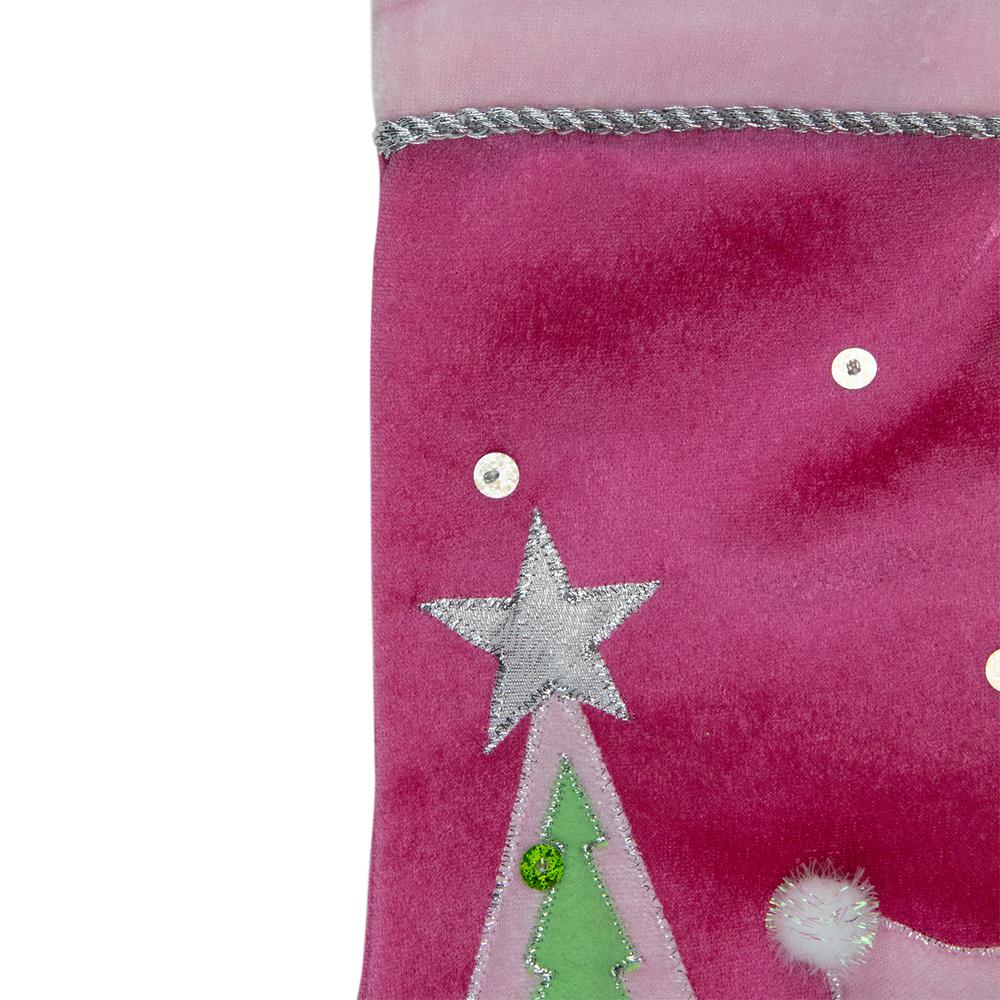 20.5" Pink Embroidered Ice Skating Snowman and Christmas Tree Stocking. Picture 3