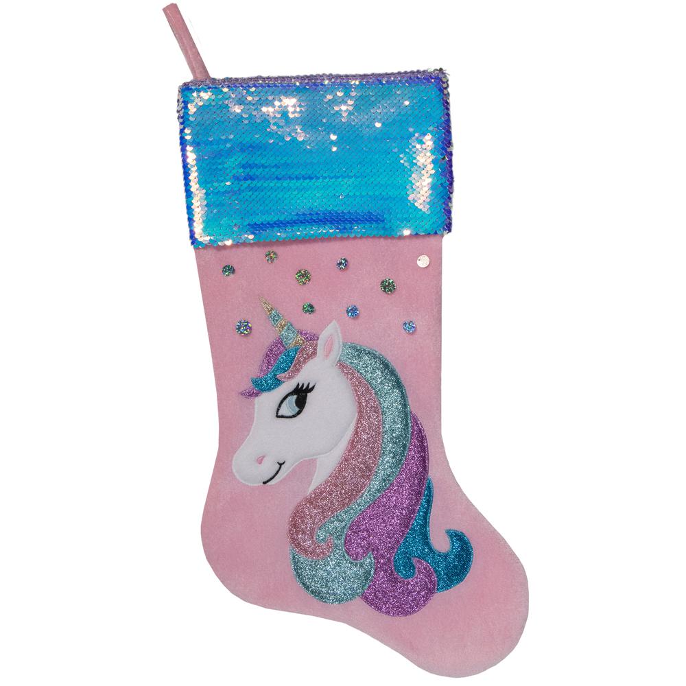 20.5" Pink Velvet Unicorn With Sequins Christmas Stocking. Picture 1