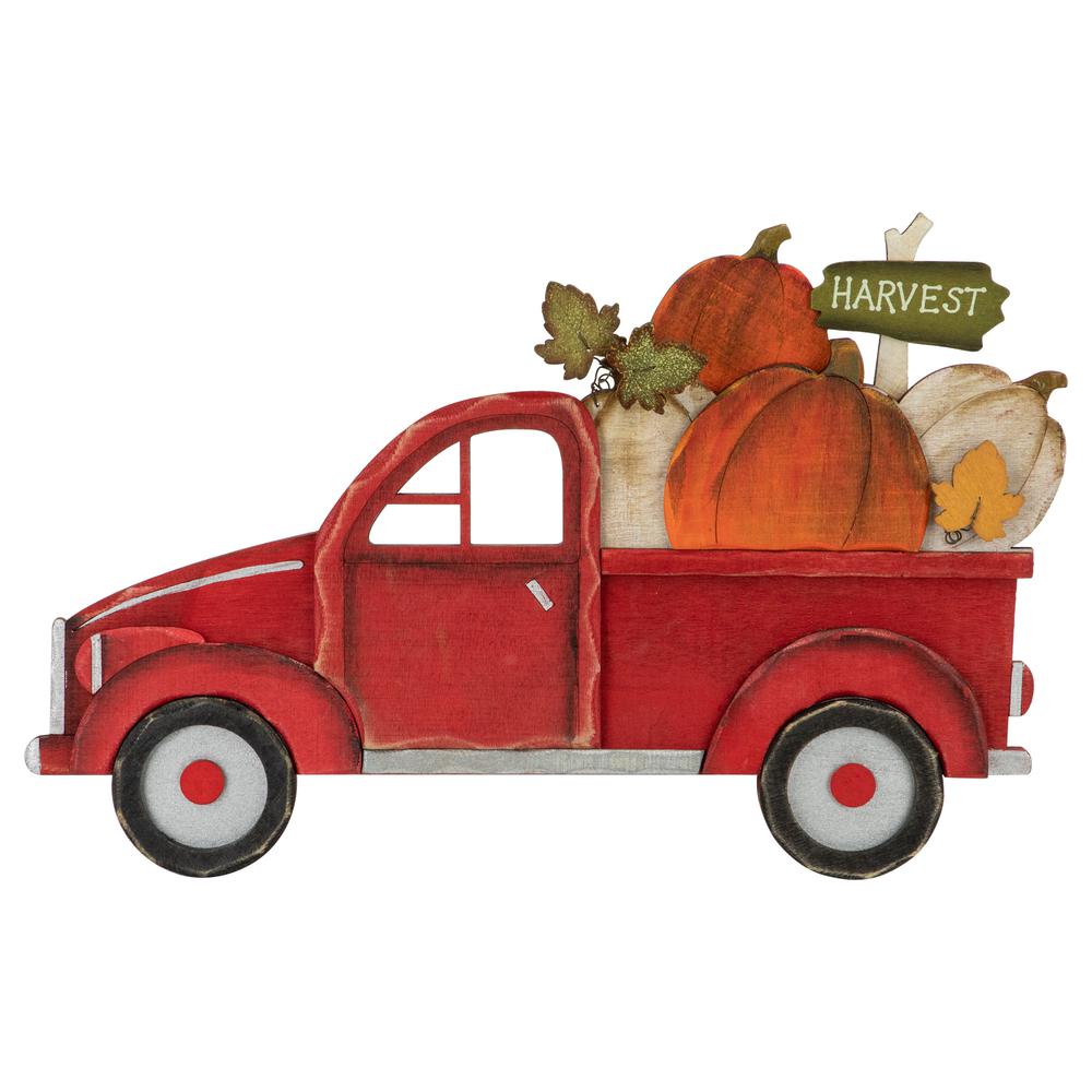 14" Red Truck with Pumpkins Fall Harvest Sign Decoration. Picture 1