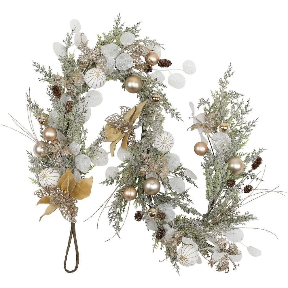 Poinsettia and Ornaments Artificial Christmas Garland - 6' x 7" - Unlit. Picture 1