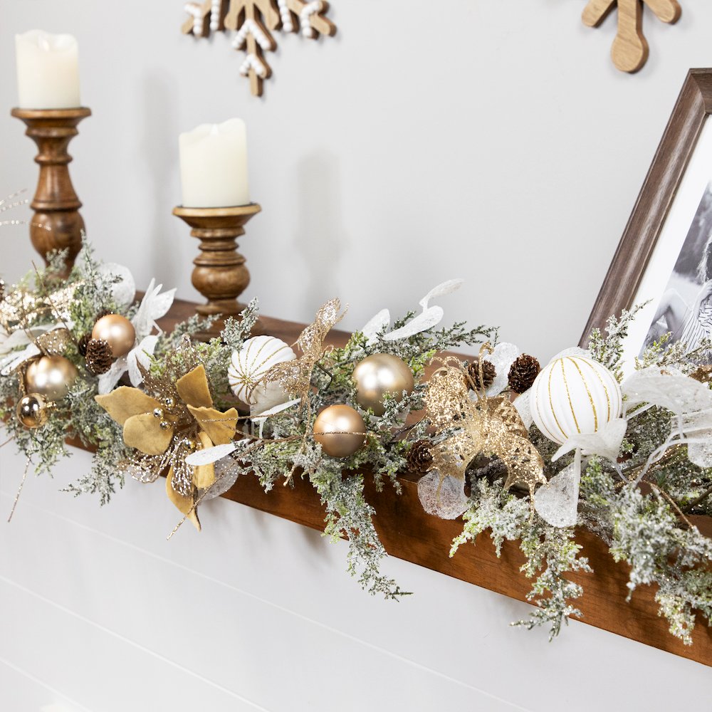 Poinsettia and Ornaments Artificial Christmas Garland - 6' x 7" - Unlit. Picture 3