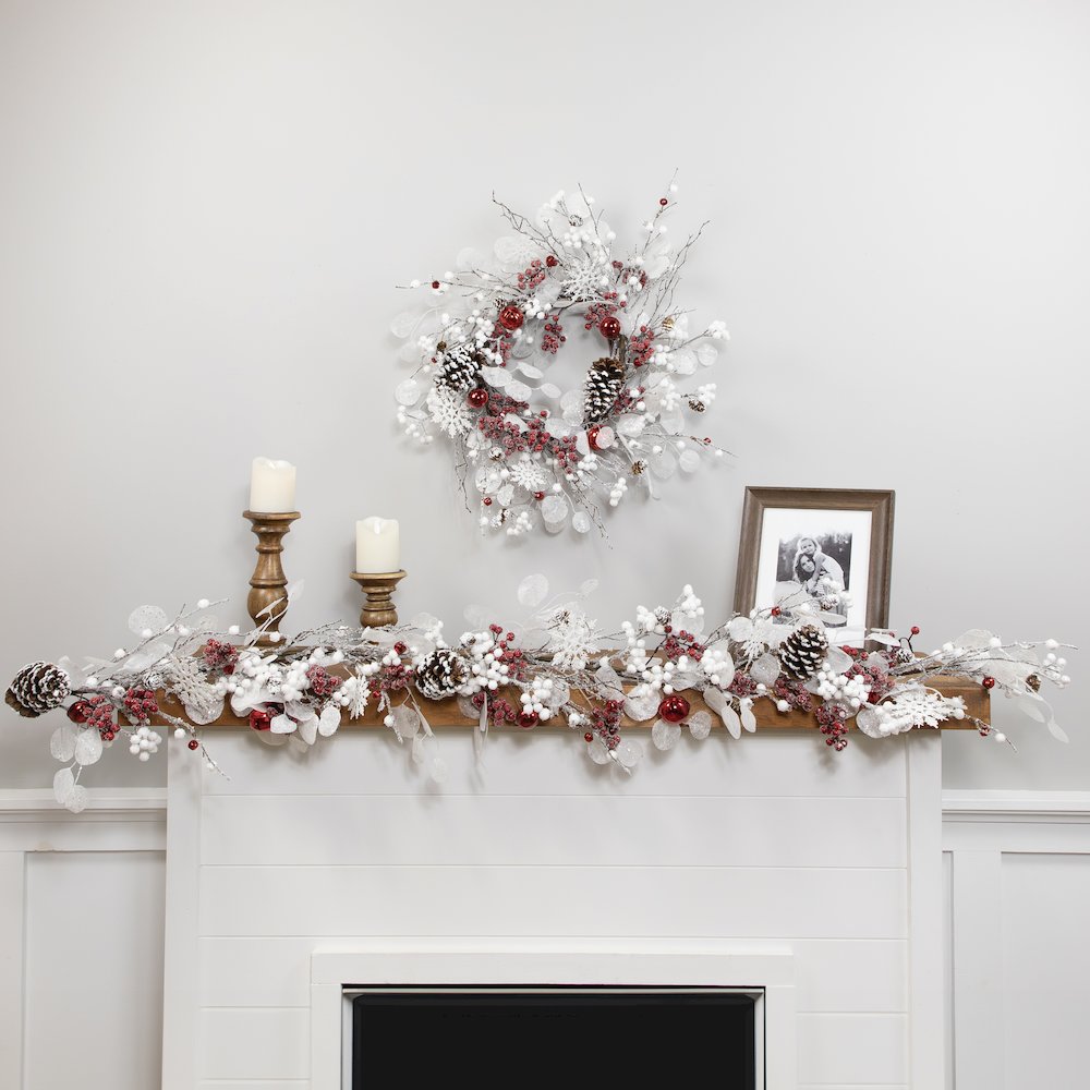 Berries and Snowflakes Artificial Christmas Garland - 6' x 8" - Red and White. Picture 3