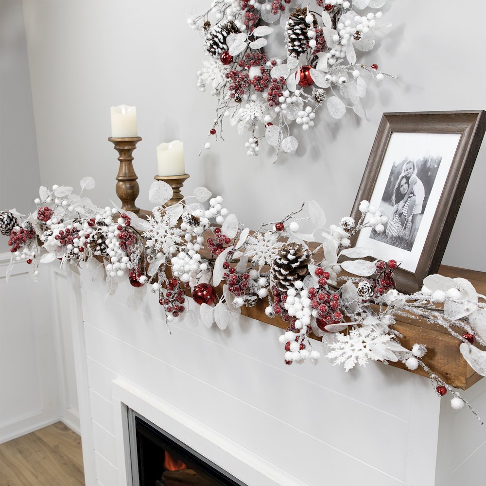Berries and Snowflakes Artificial Christmas Garland - 6' x 8" - Red and White. Picture 2