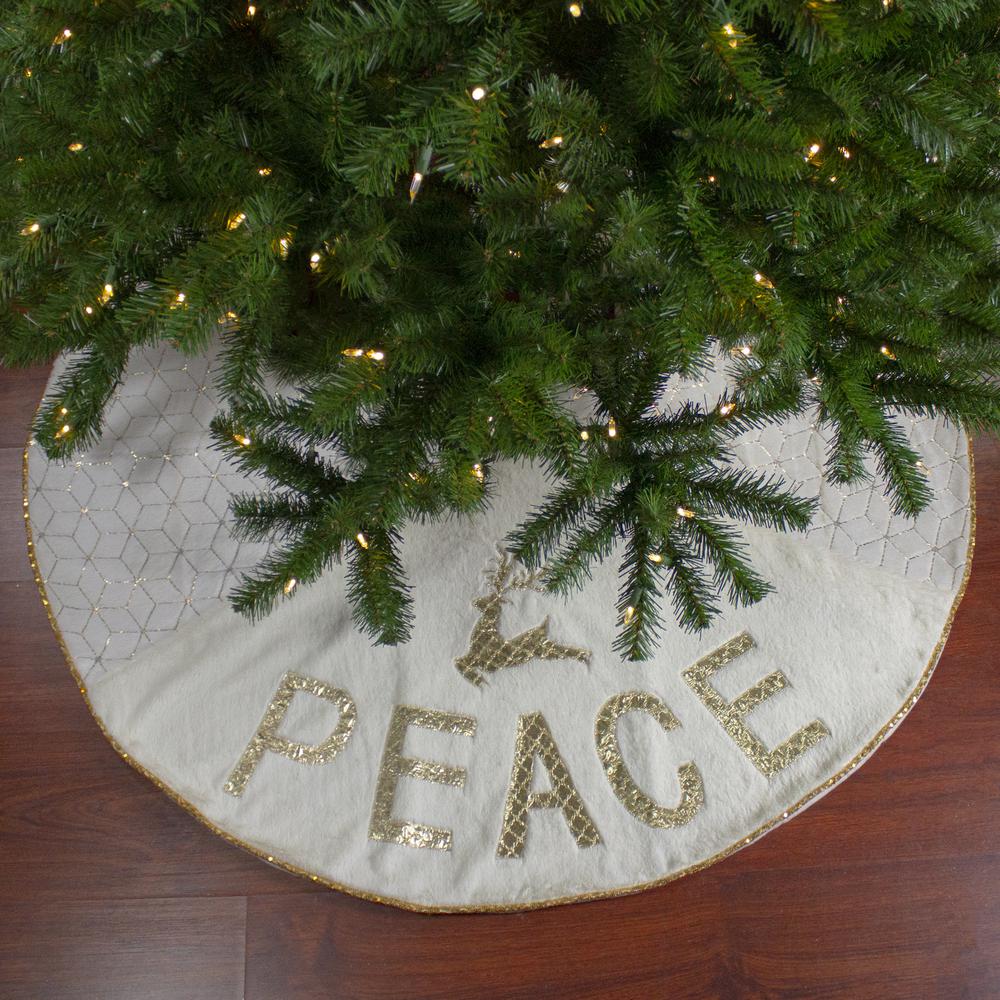 48" Cream and Gold Peace and Reindeer Christmas Tree Skirt. Picture 4