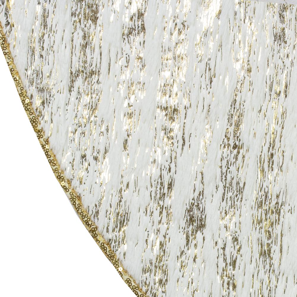 48" Cream and Gold Wood Grain Pattern and Faux Fur Christmas Tree Skirt. Picture 2