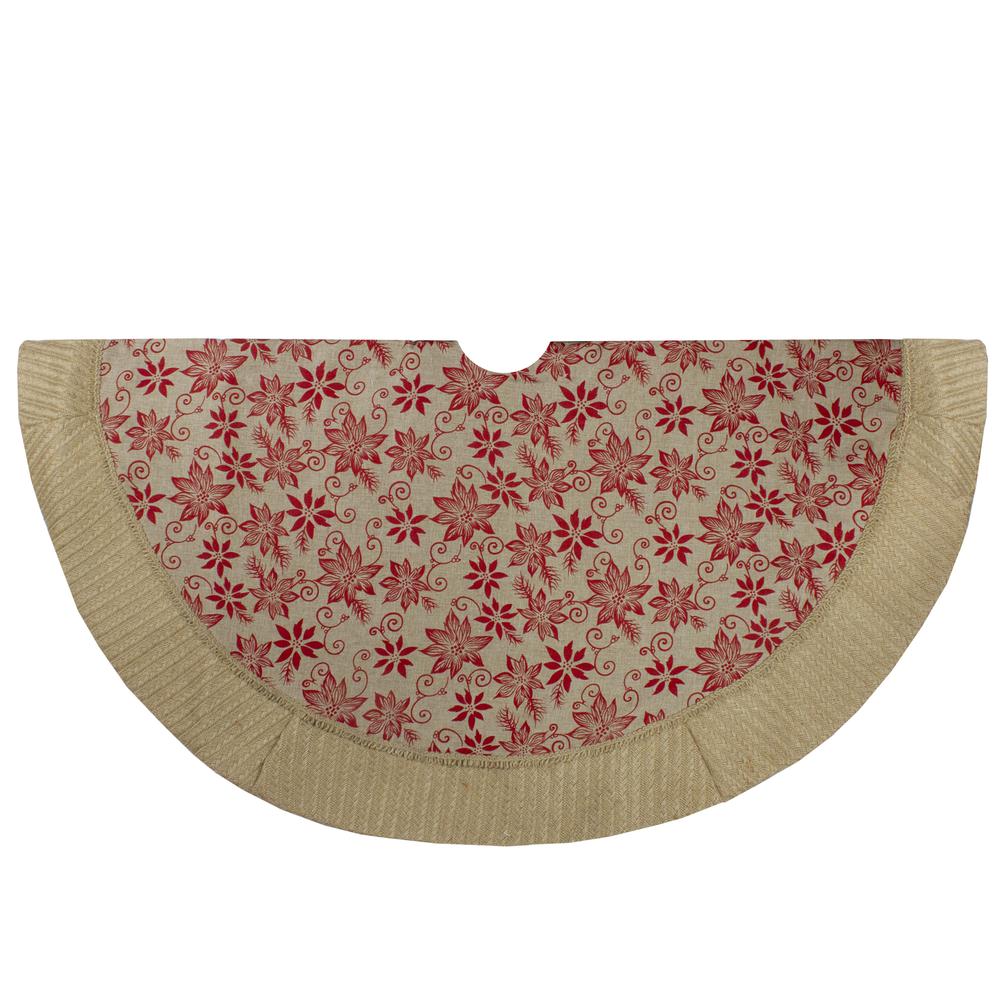 48" Tan and Red Rustic Burlap Poinsettia Christmas Tree Skirt. Picture 1
