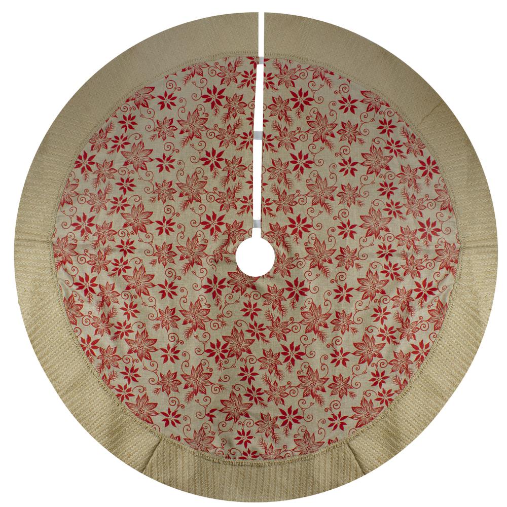 48" Tan and Red Rustic Burlap Poinsettia Christmas Tree Skirt. Picture 3
