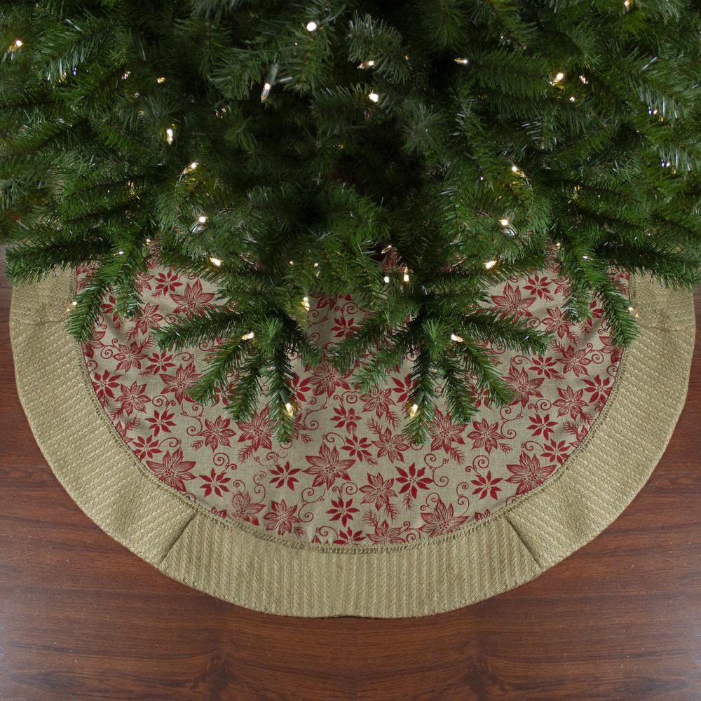 48" Tan and Red Rustic Burlap Poinsettia Christmas Tree Skirt. Picture 2