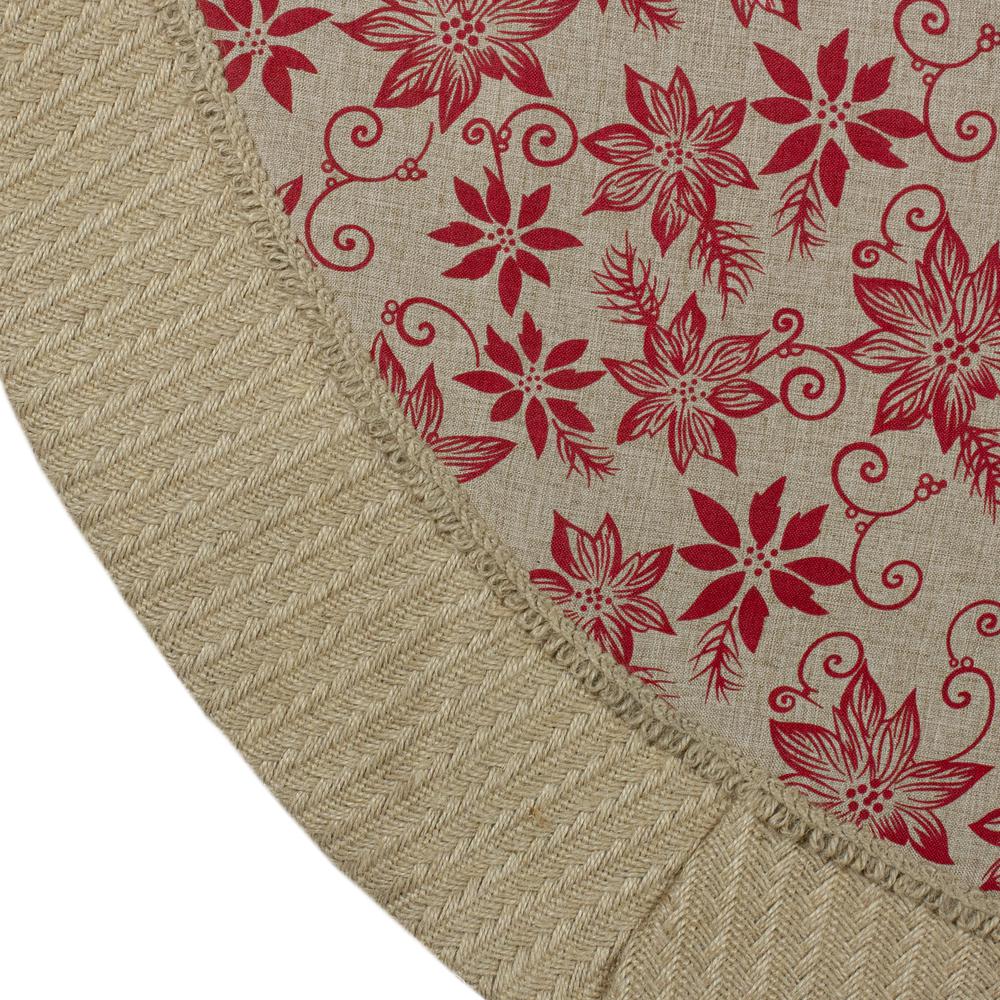 48" Tan and Red Rustic Burlap Poinsettia Christmas Tree Skirt. Picture 4