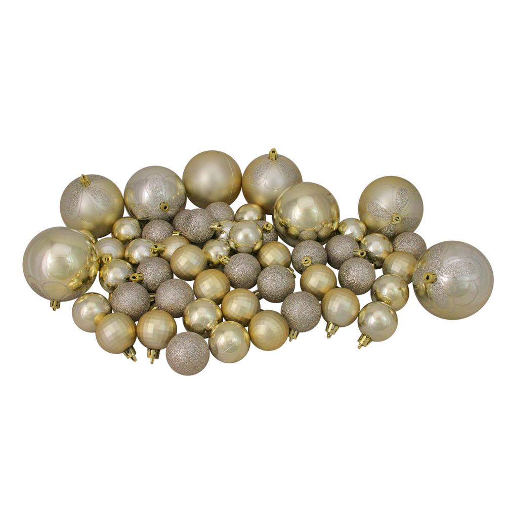125ct Champagne Gold Shatterproof 4-Finish Christmas Ornaments 5.5" (140mm). Picture 1