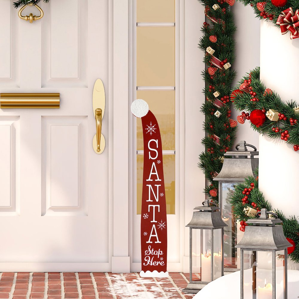 Santa Stop Here Christmas Hat Porch Sign - 35". Picture 1