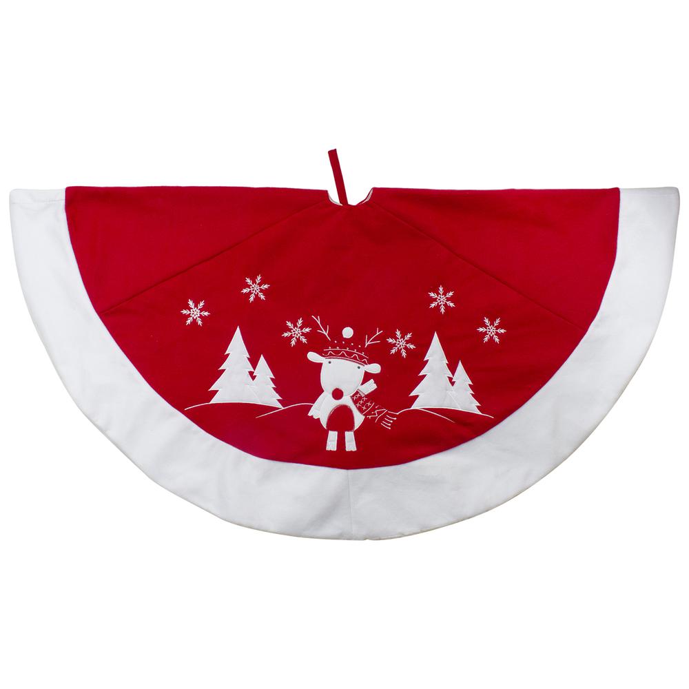 48" Red and White Winter Reindeer Embroidered Christmas Tree Skirt. Picture 1