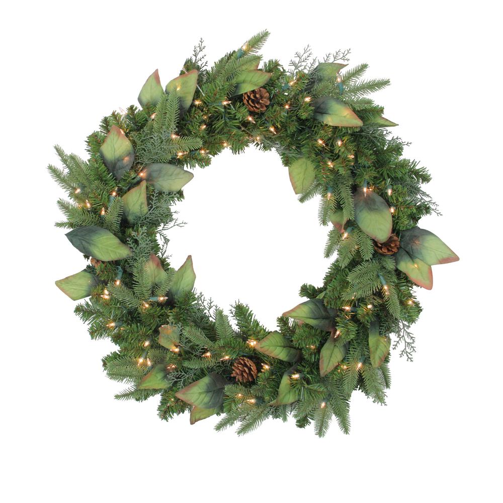Pre-Lit Mixed Winter Pine Artificial Christmas Wreath - 30 Inch  Clear Lights. Picture 1
