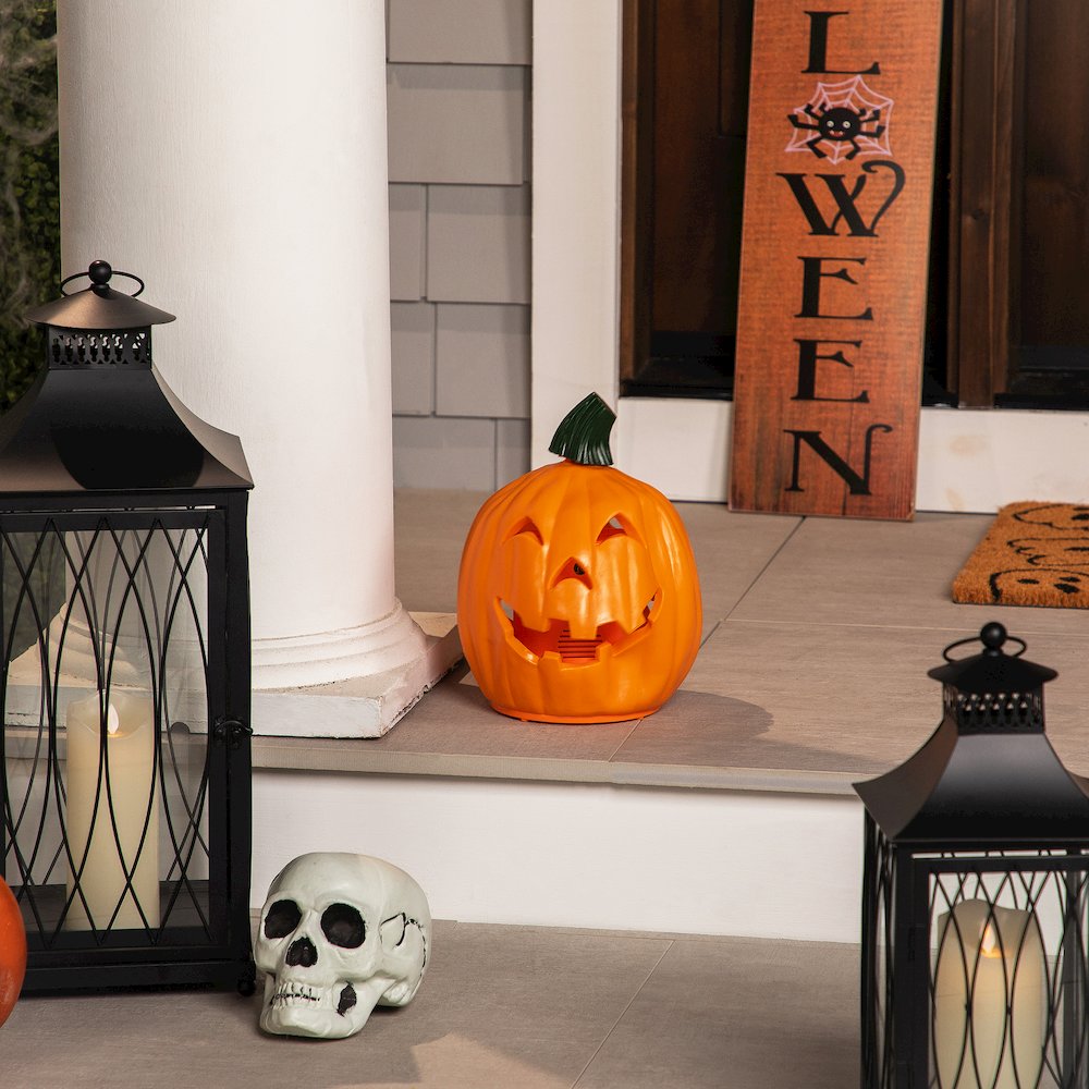 9.75" Orange and Green Animated Double-Sided Pumpkin Halloween Decor. Picture 2