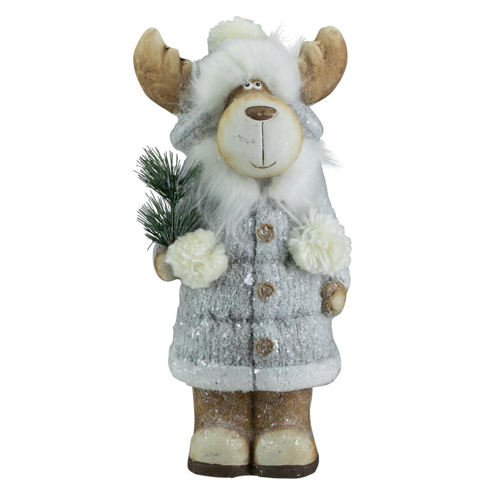 18" Ceramic Moose in Gray Coat Holding Pine Sprig Christmas Figure. Picture 1