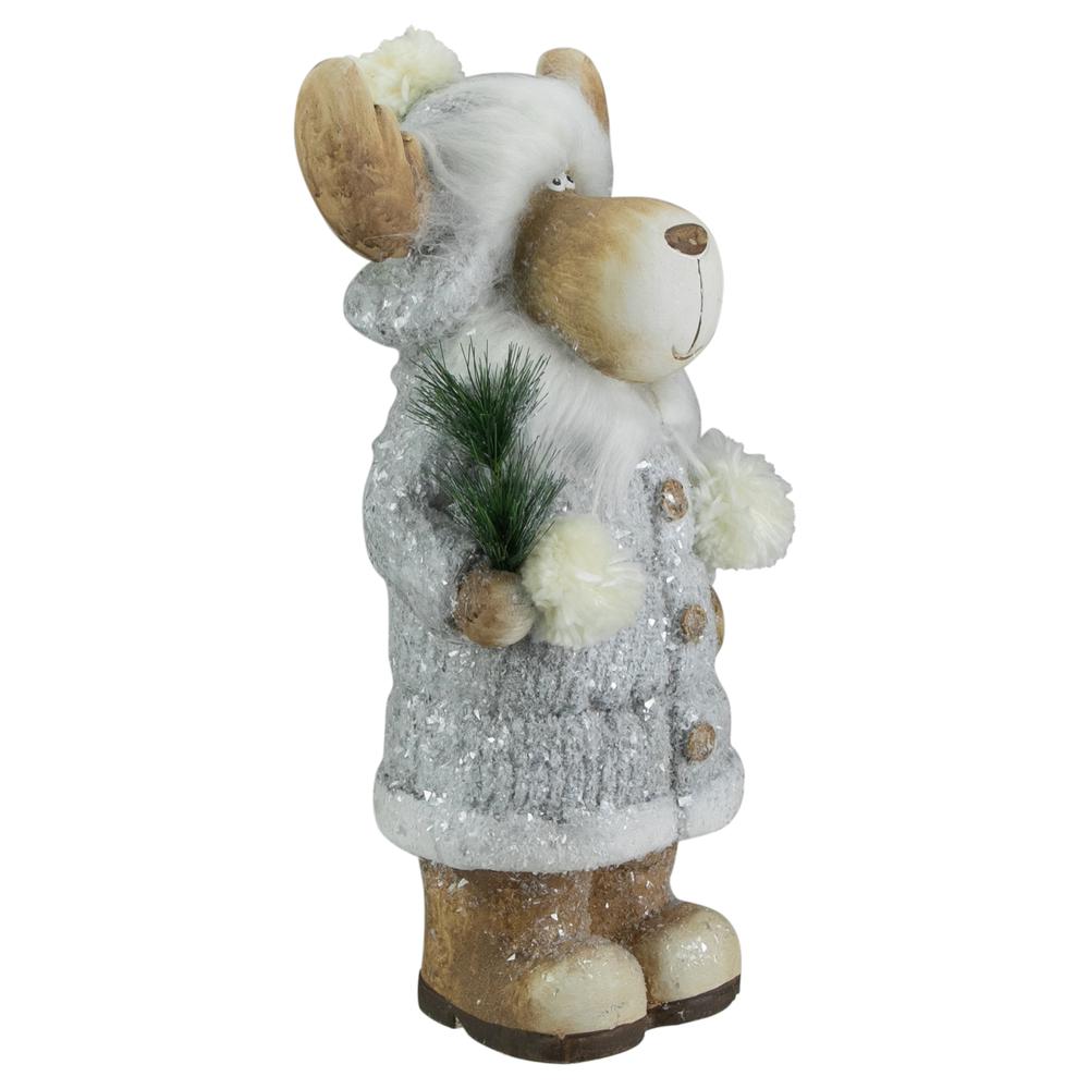 18" Ceramic Moose in Gray Coat Holding Pine Sprig Christmas Figure. Picture 2
