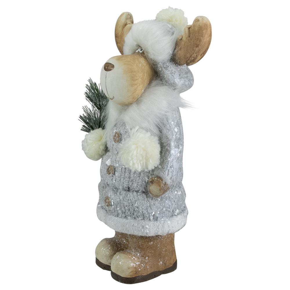 18" Ceramic Moose in Gray Coat Holding Pine Sprig Christmas Figure. Picture 3