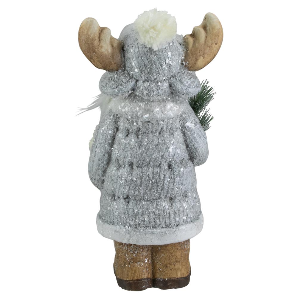 18" Ceramic Moose in Gray Coat Holding Pine Sprig Christmas Figure. Picture 4