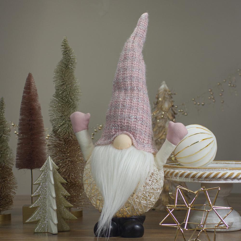 19" Pink and White Rattan Christmas Gnome with Warm White LED Lights. Picture 2