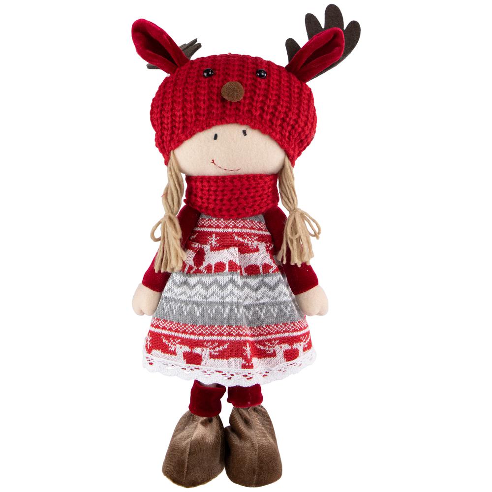 17" Red and White Nordic Girl with Moose Antler Hat Christmas Decoration. Picture 1