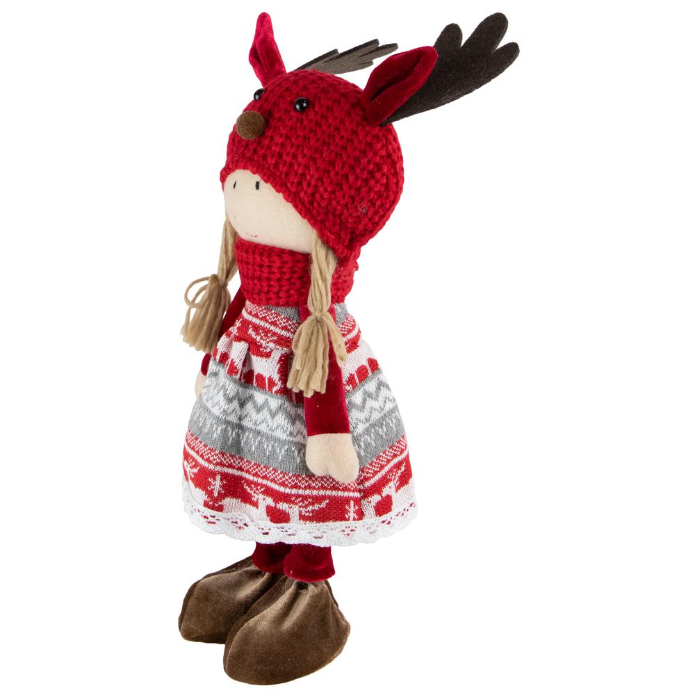 17" Red and White Nordic Girl with Moose Antler Hat Christmas Decoration. Picture 7