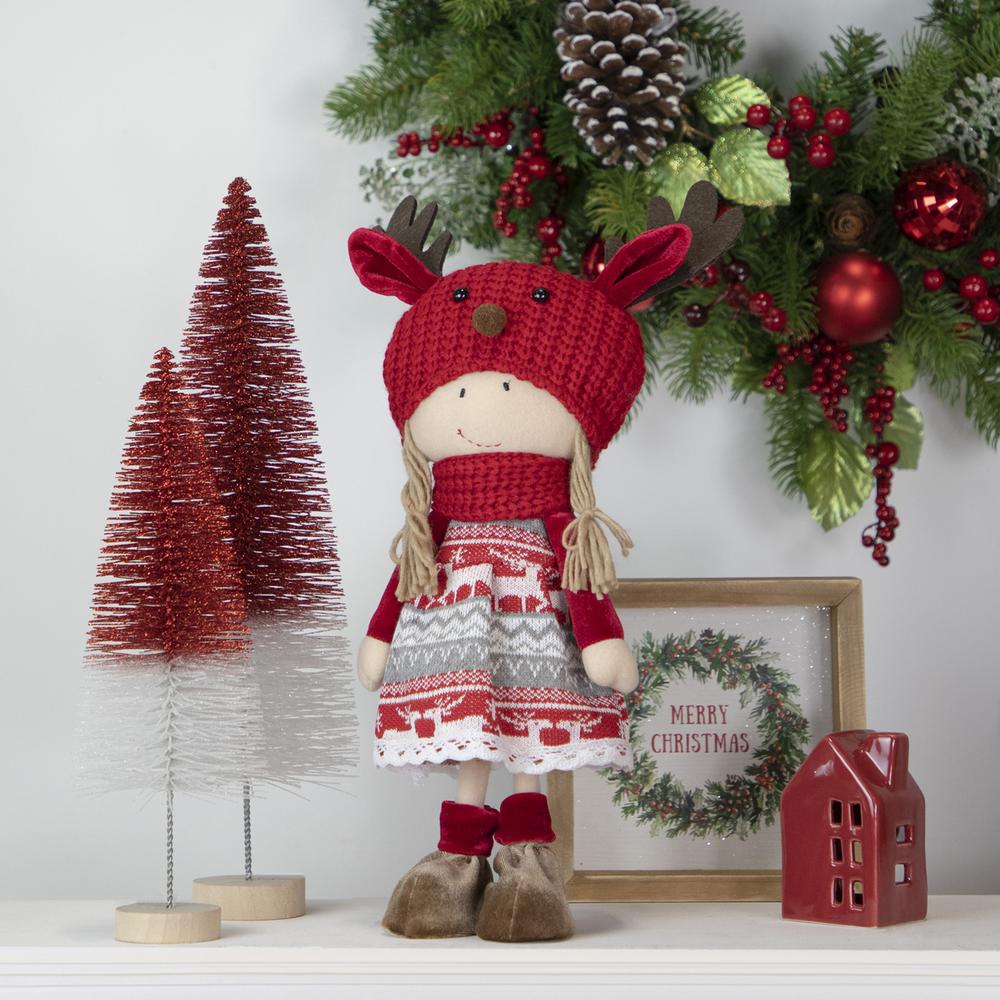 17" Red and White Nordic Girl with Moose Antler Hat Christmas Decoration. Picture 2
