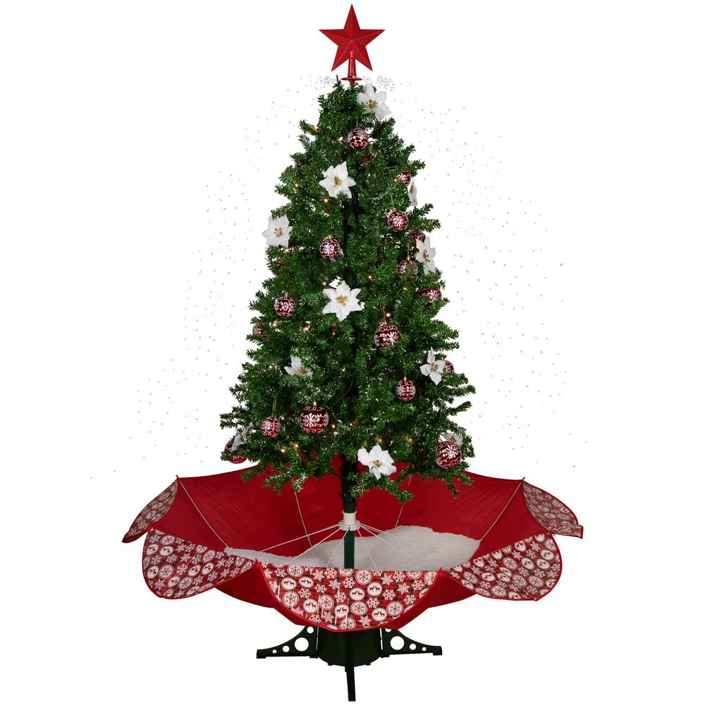 6' Green and Red Musical Lighted Snowing Christmas Tree White LED Lights. Picture 1