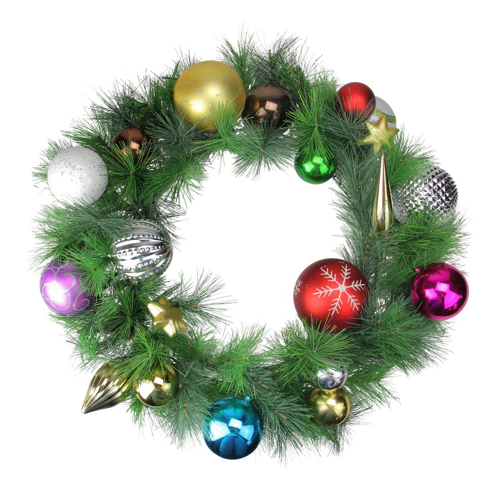 Multi-Colored Ornaments and Artificial Pine Christmas Wreath  24-Inch  Unlit. Picture 1