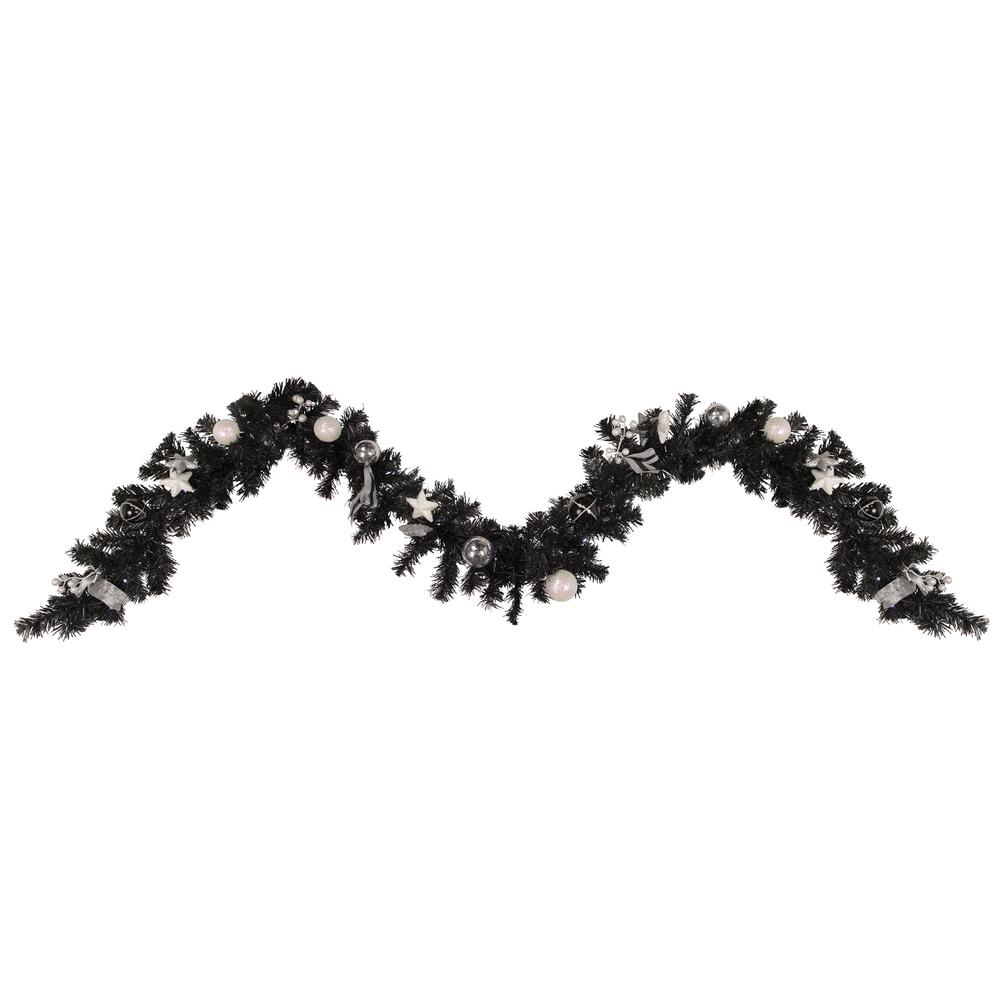 9' x 6" Decorated Black Pine Artificial Christmas Garland Cool White LED Lights. Picture 1