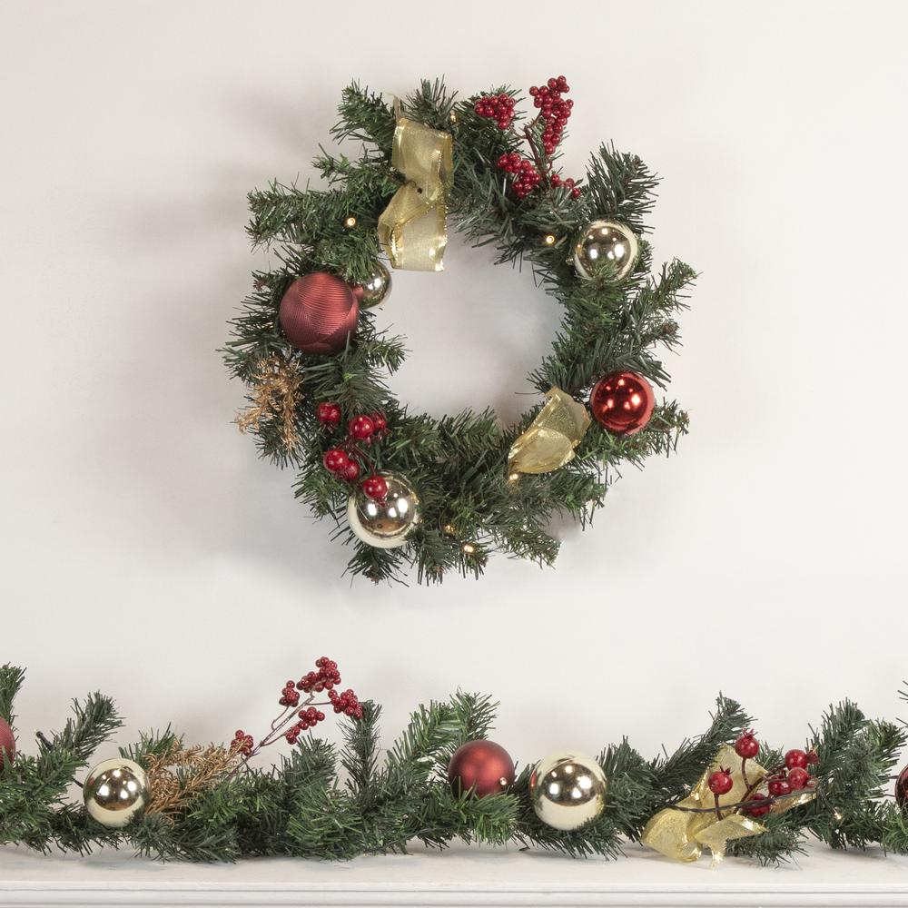 6' x 8" Decorated Burgundy and Gold Pine Christmas Garland Cool White LED Lights. Picture 2