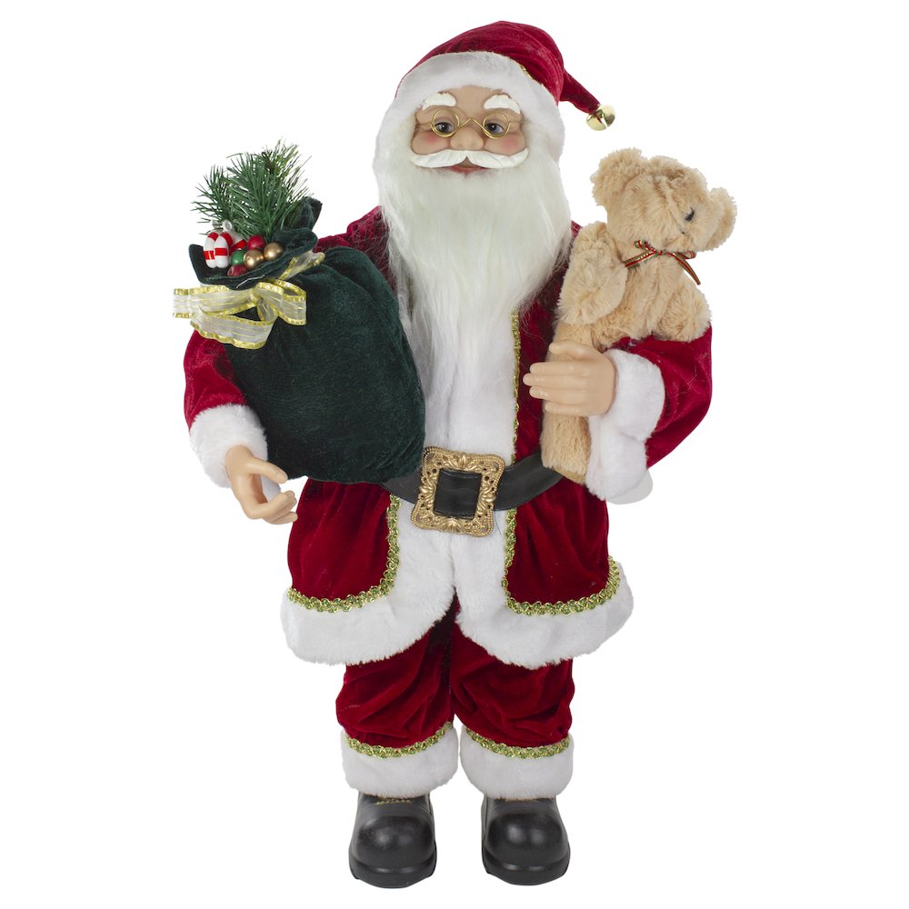 2' Standing Santa Christmas Figure with a Plush Bear. Picture 1