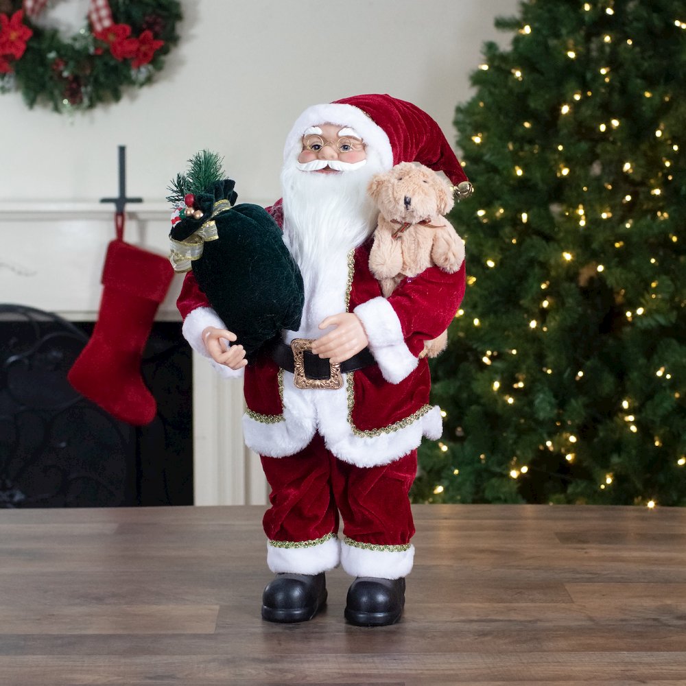 2' Standing Santa Christmas Figure with a Plush Bear. Picture 2