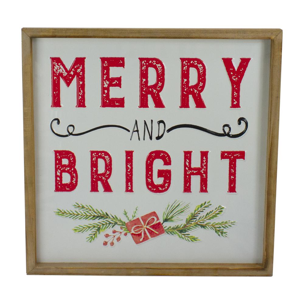 16" Wooden Framed "Merry And Bright" Metal Christmas Sign. Picture 1