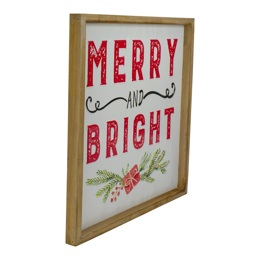 16" Wooden Framed "Merry And Bright" Metal Christmas Sign. Picture 3