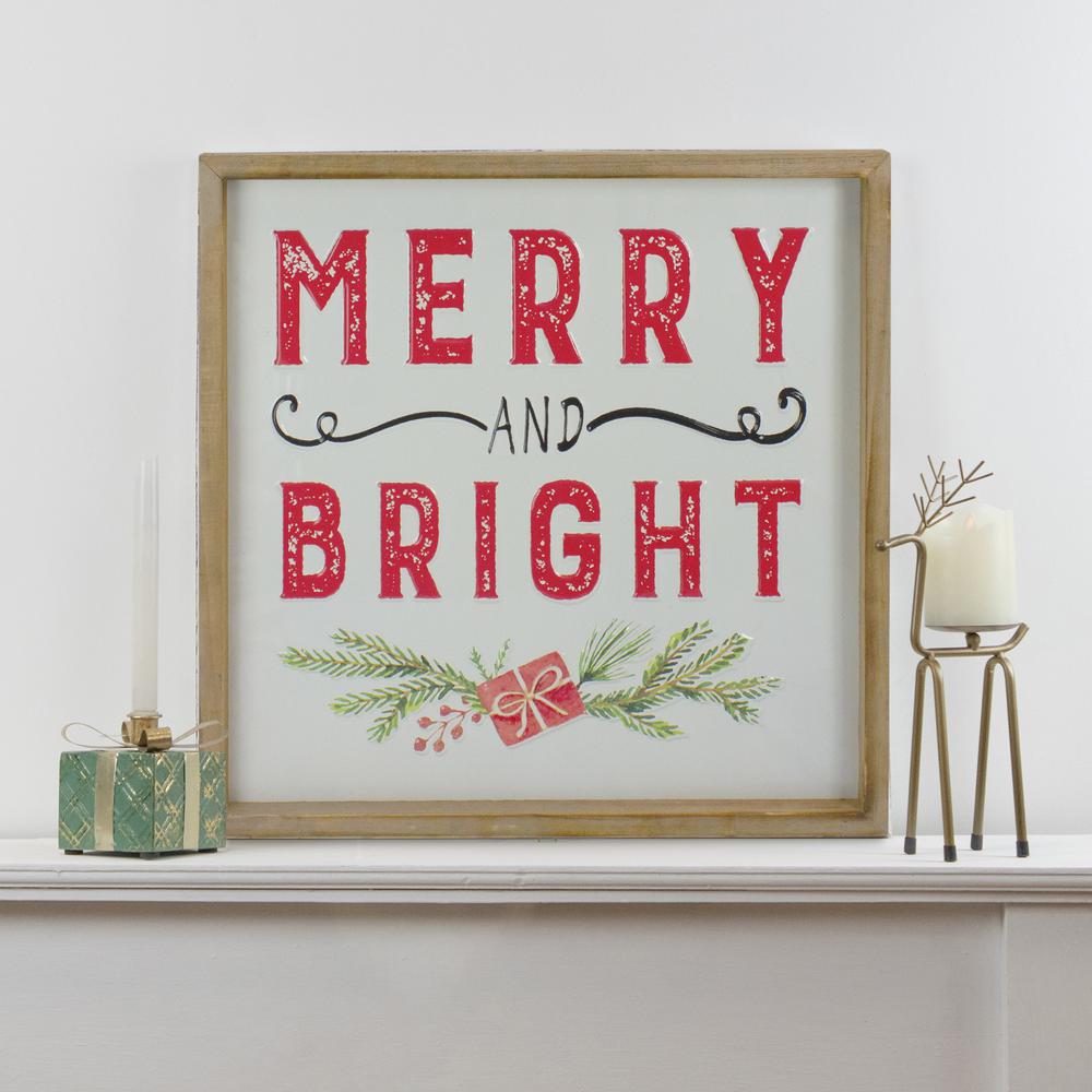 16" Wooden Framed "Merry And Bright" Metal Christmas Sign. Picture 2