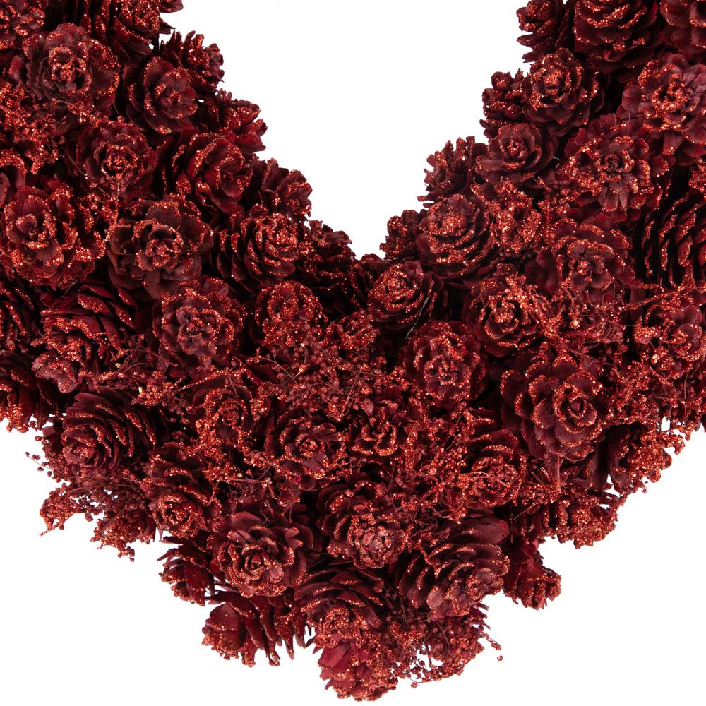 14" Red Pine Cone Rose Valentine's Day Wooden Heart Wreath. Picture 4