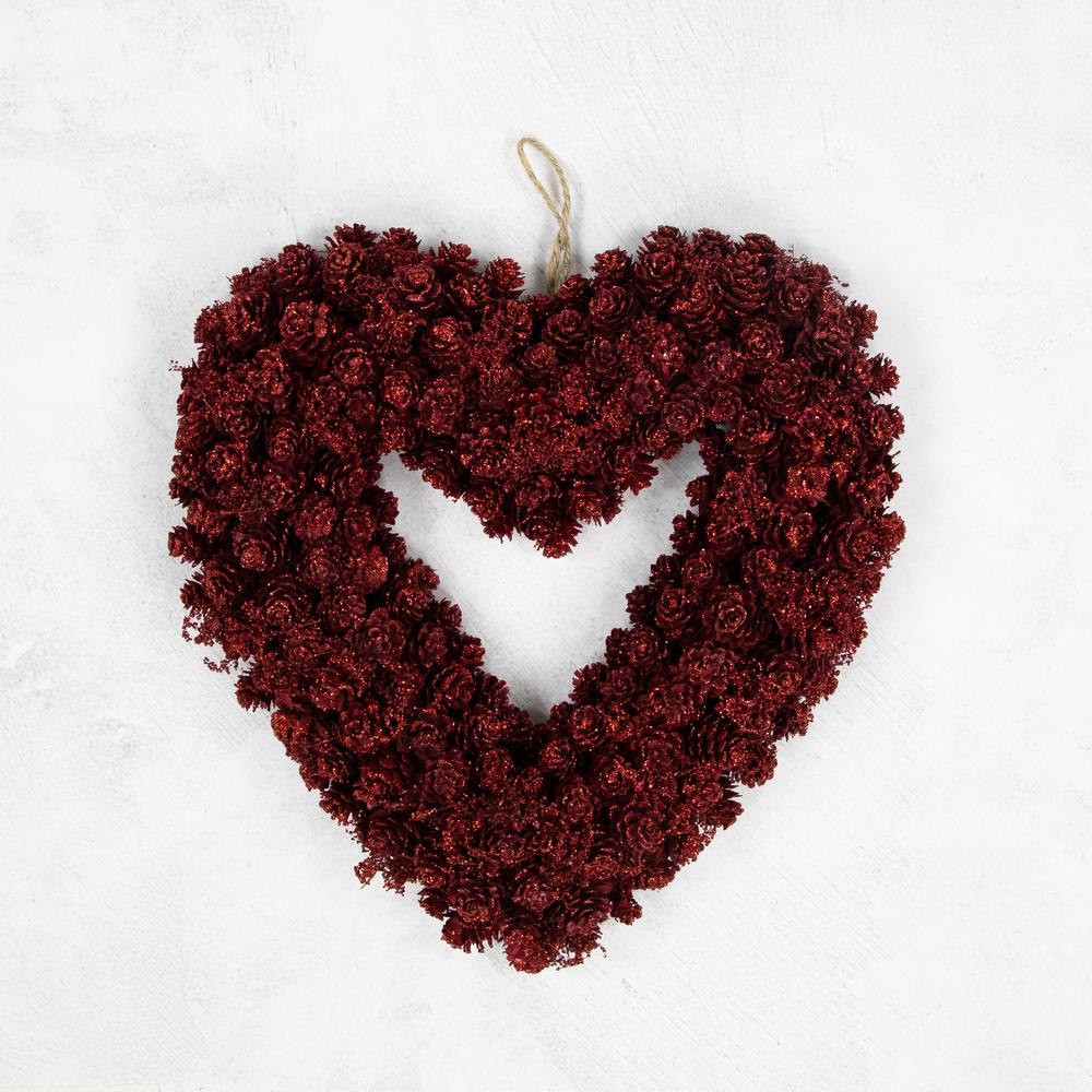 14" Red Pine Cone Rose Valentine's Day Wooden Heart Wreath. Picture 3