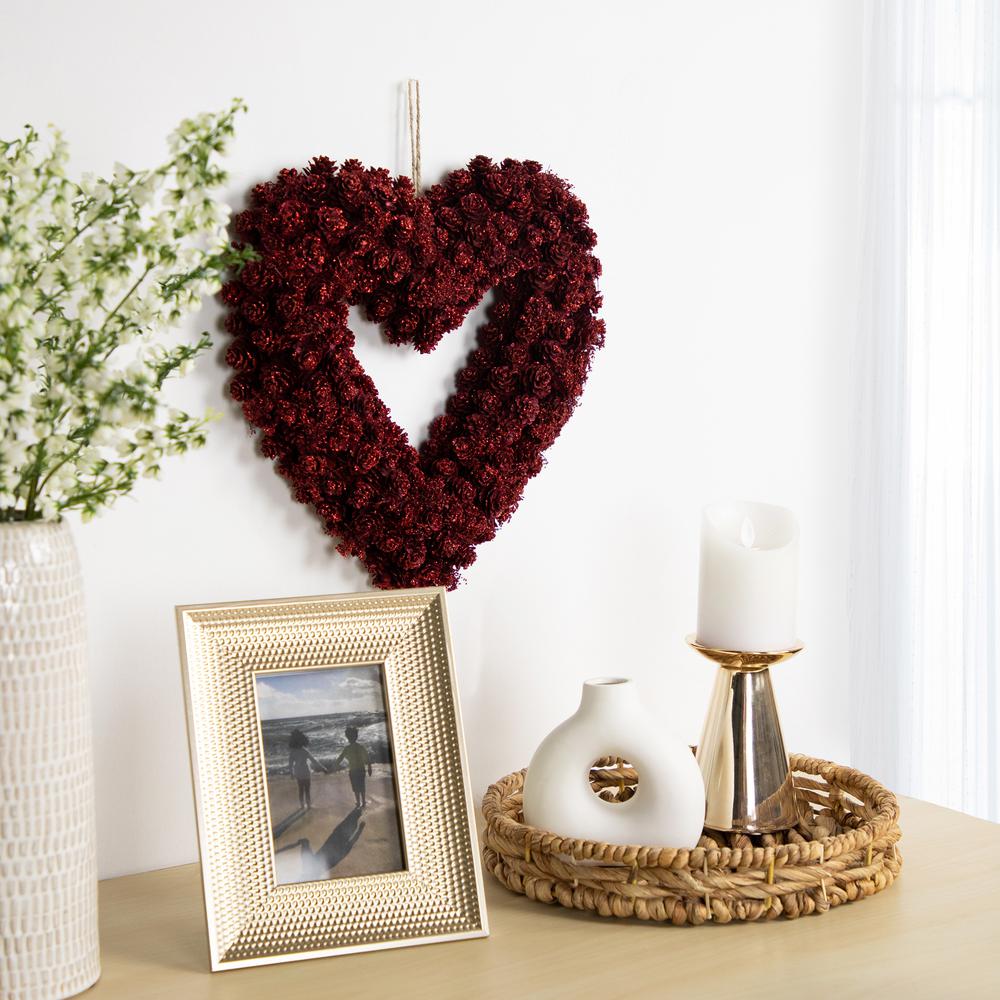 14" Red Pine Cone Rose Valentine's Day Wooden Heart Wreath. Picture 1