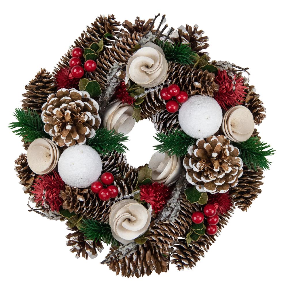 White Wooden Rose Pine Cone and Berry Artificial Christmas Wreath 10-Inch Unlit. Picture 1