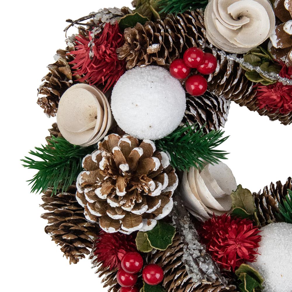 White Wooden Rose Pine Cone and Berry Artificial Christmas Wreath 10-Inch Unlit. Picture 3