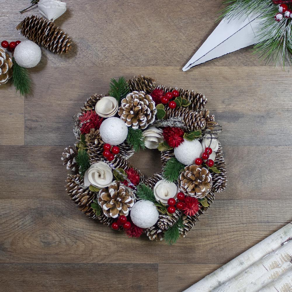 White Wooden Rose Pine Cone and Berry Artificial Christmas Wreath 10-Inch Unlit. Picture 2