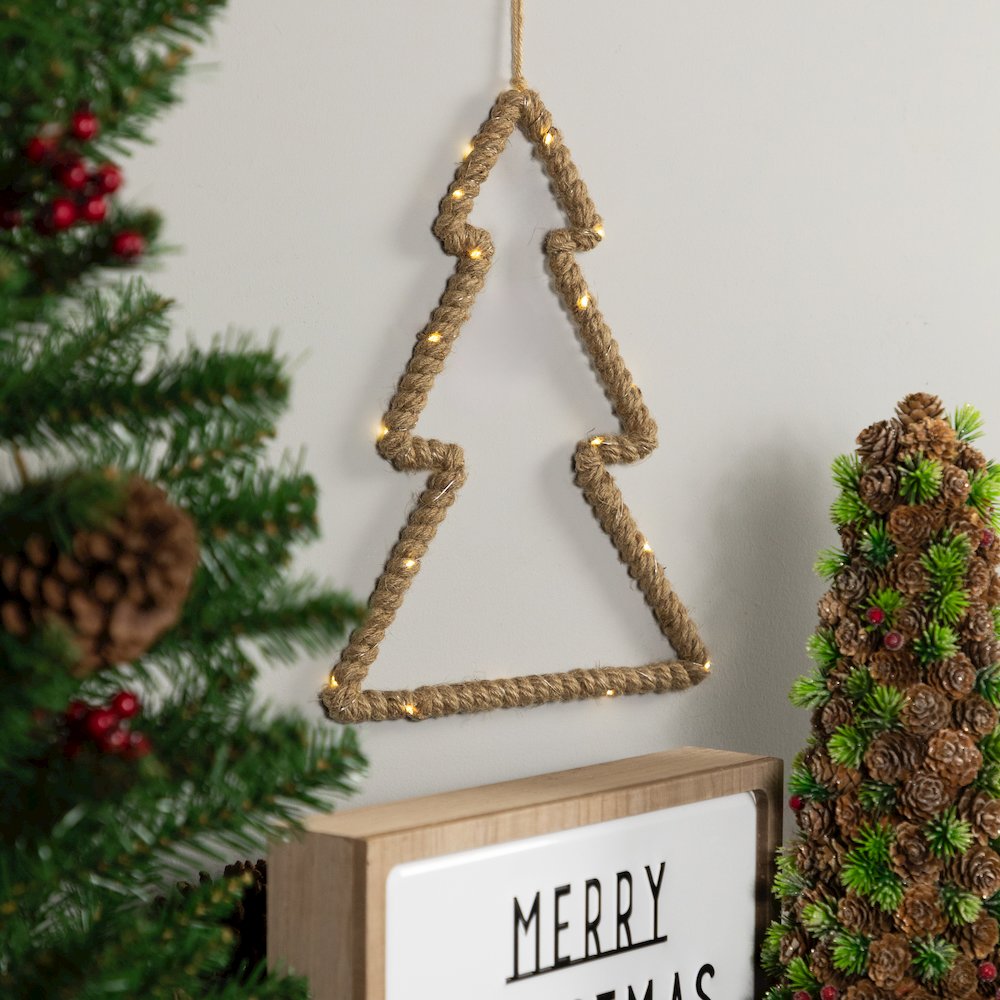 Lighted Jute Wrapped Pine Tree Silhouette Hanging Christmas Decoration - 14". Picture 1