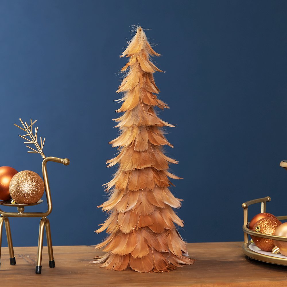 Small Feather Cone Tree Glittered Christmas Decoration - 16" - Rust Orange. Picture 1