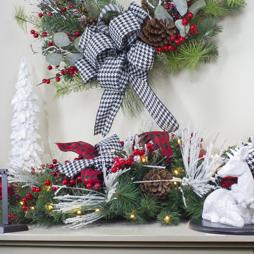 6' x 12" Plaid Bows and Red Berries Christmas Garland - Warm White Lights. Picture 2