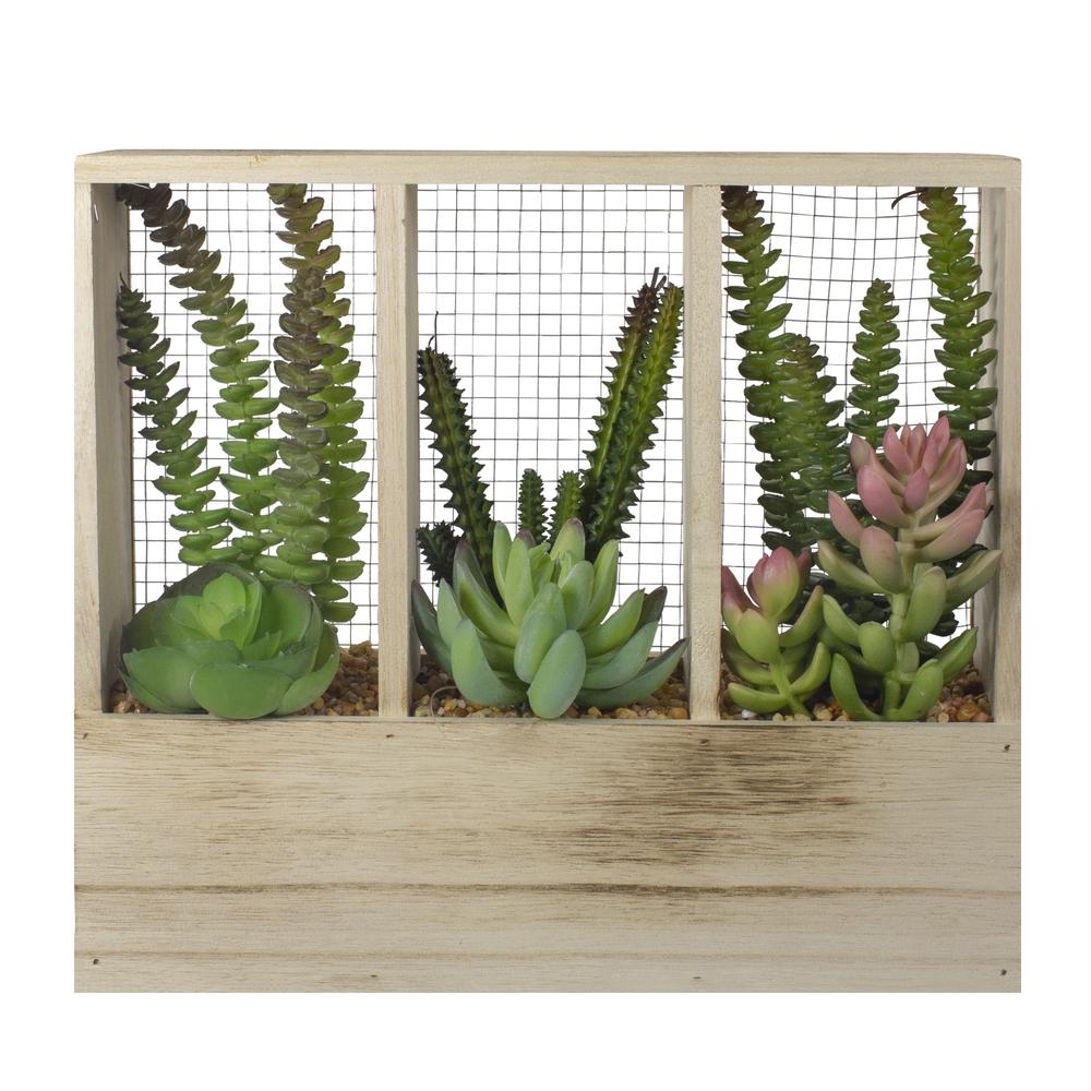11" Artificial Mixed Succulent Arrangement in a Wooden Planter Box. Picture 1
