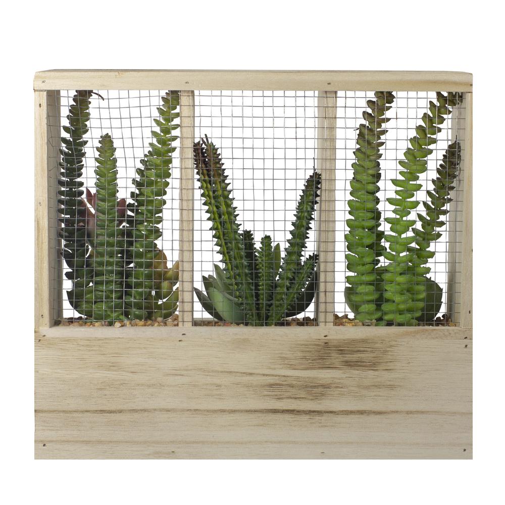 11" Artificial Mixed Succulent Arrangement in a Wooden Planter Box. Picture 4