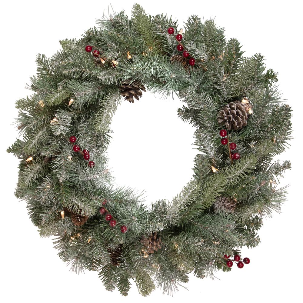 Pre-Lit Snowy Waterloo Pine Artificial Christmas Wreath - 24-Inch  Clear Lights. Picture 1